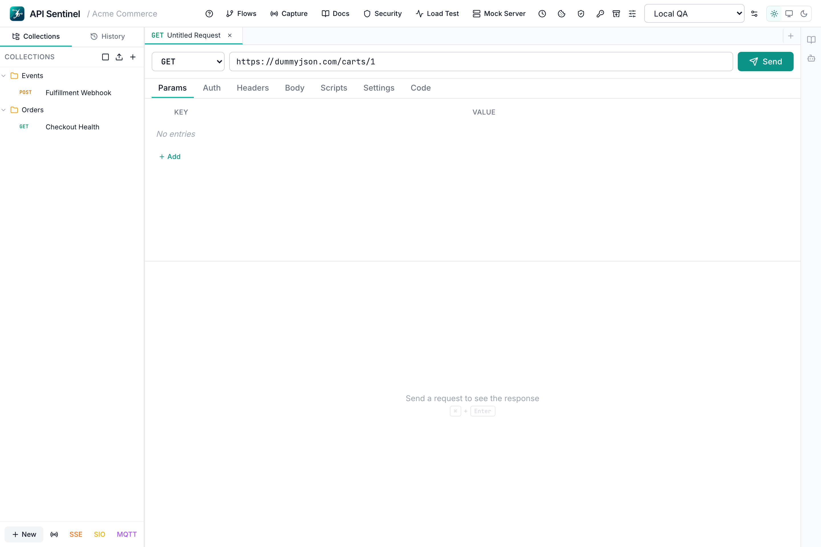 API Sentinel request composer — cURL import, auth, body editors, all local